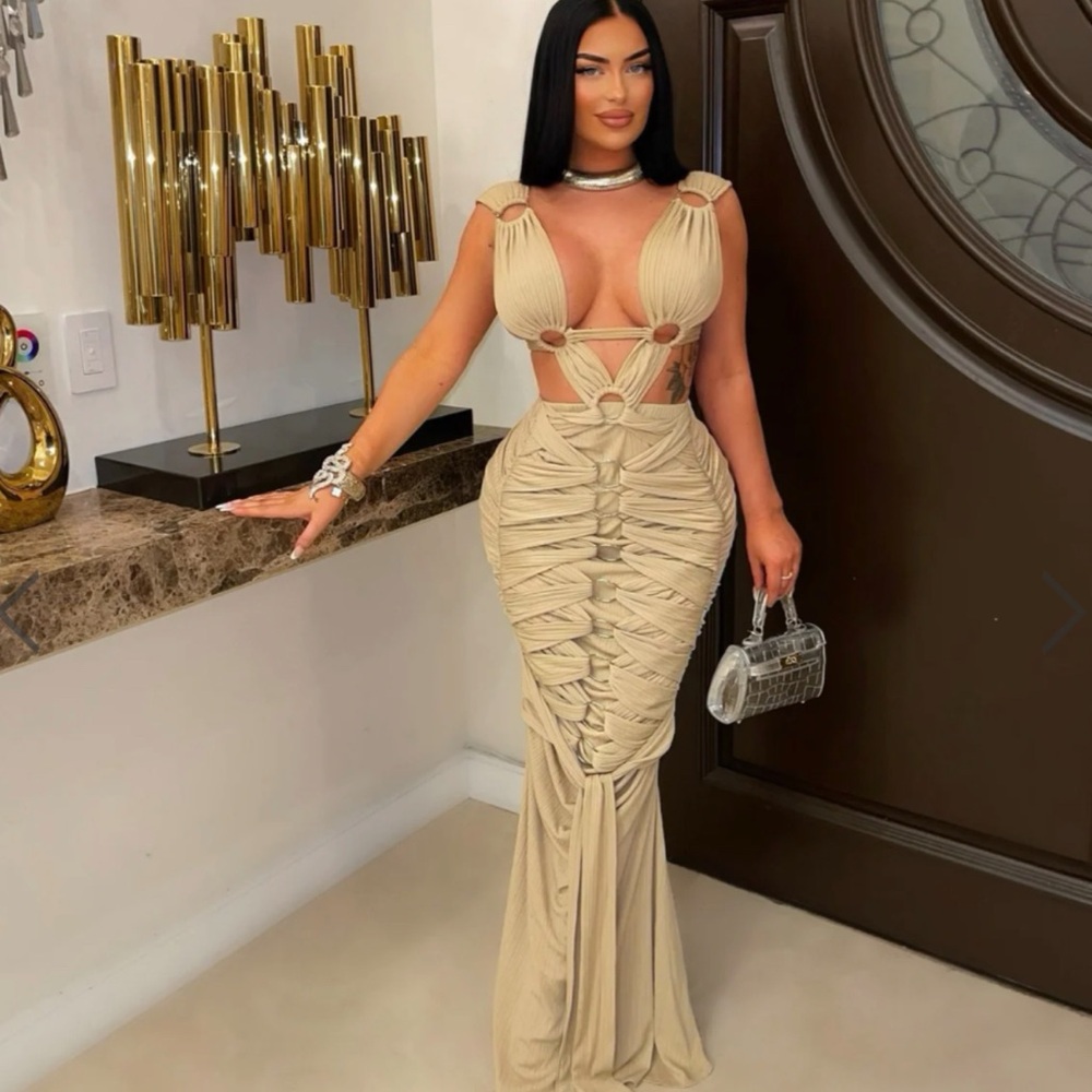 Elegant Beige Cut-Out Maxi Dress